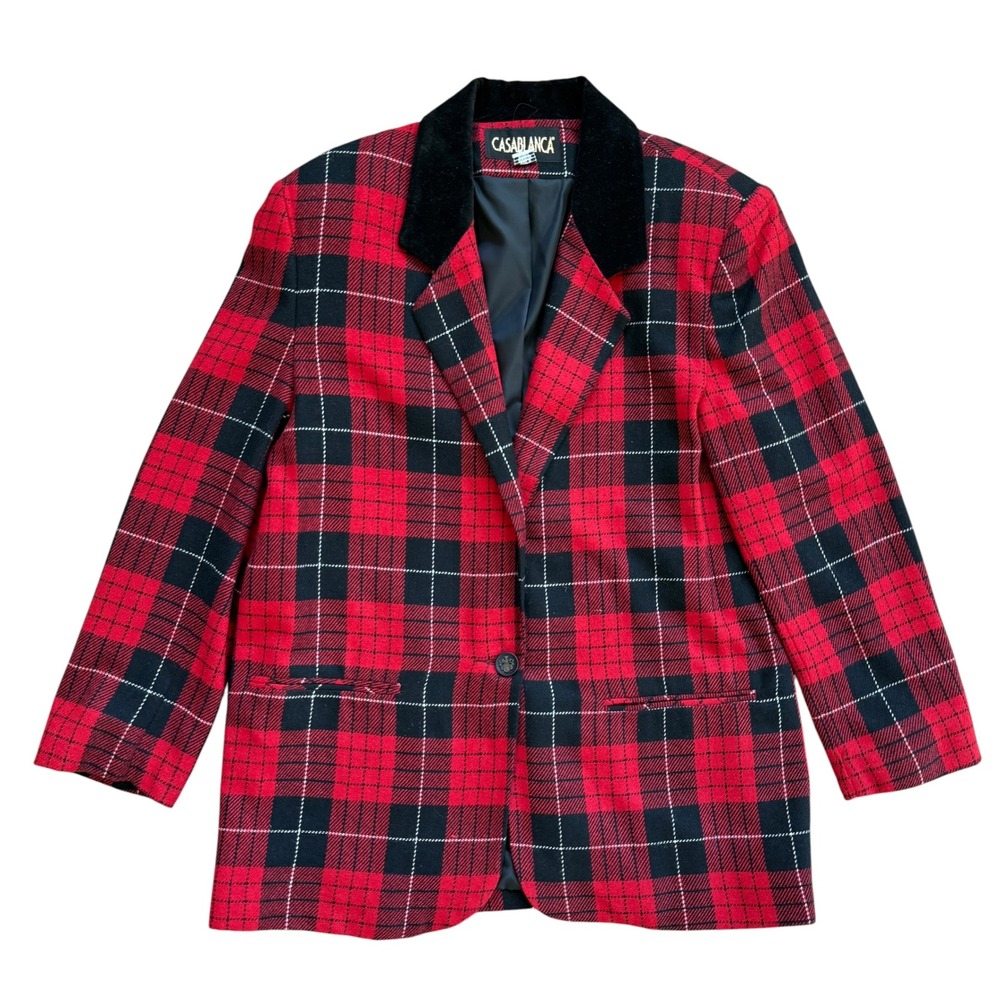 Casablanca Vintage Red Black Plaid Blazer Velvet Collar Wool Blend Jacket Sz 10